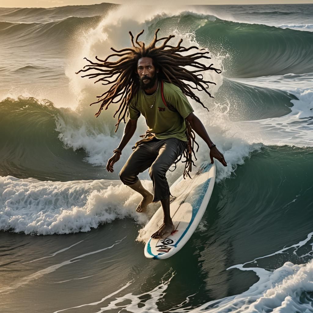 Rastaman Surfing a Wave at Sunrise