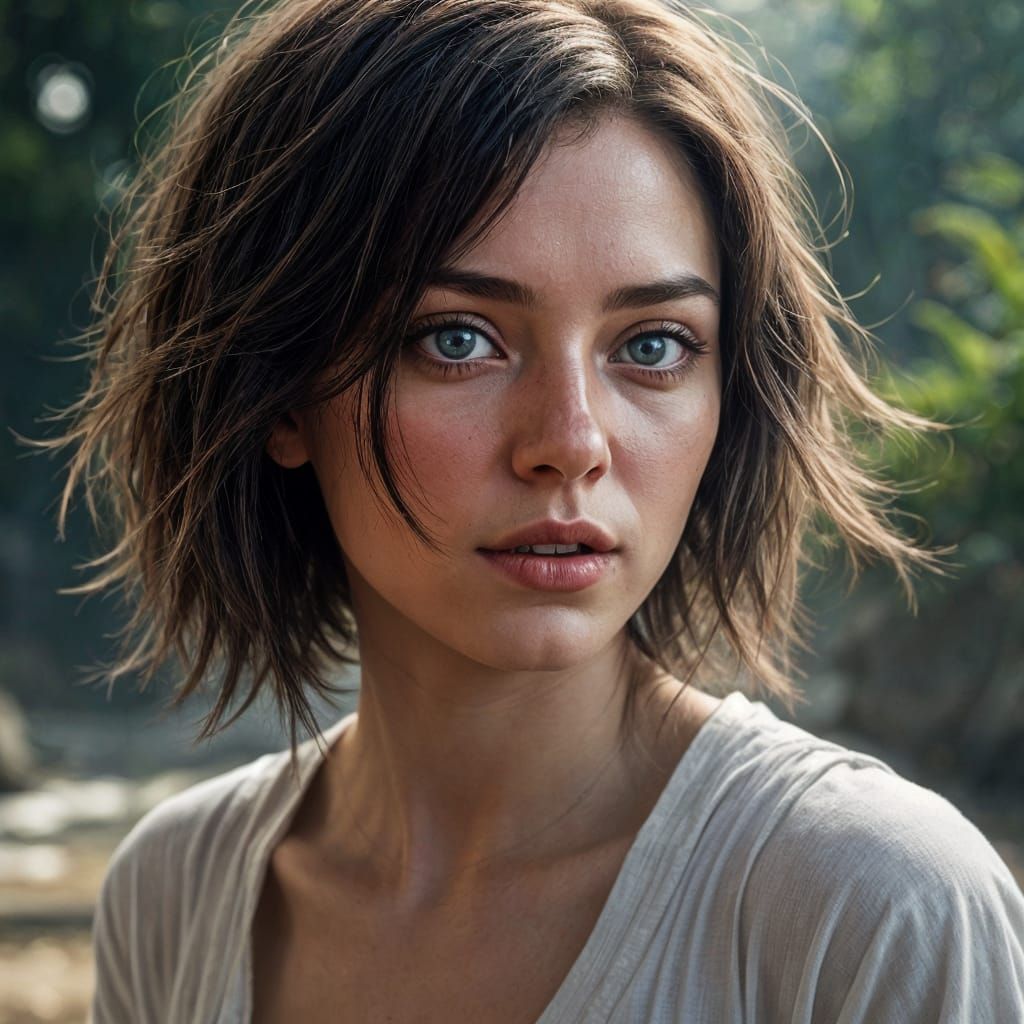 Enigmatic Woman in Distressed Jeans, with Matte Painting Sty...