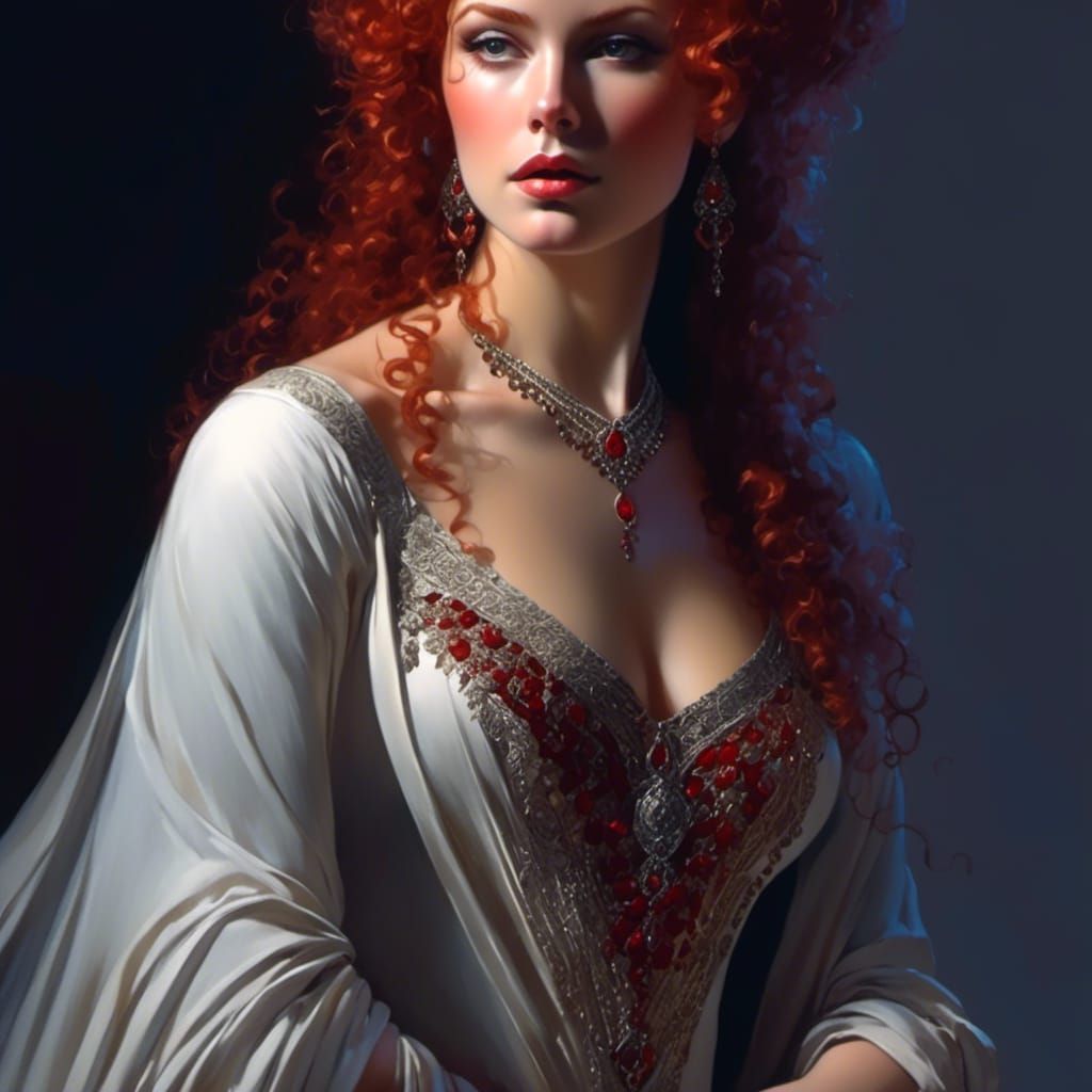 Red-Headed Goddess with Dagger: Hyperrealistic Portrait