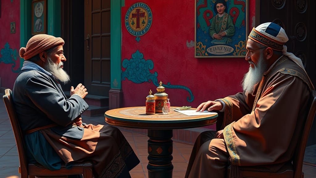 Hyperrealistic Religious Discussion in Vibrant Colors