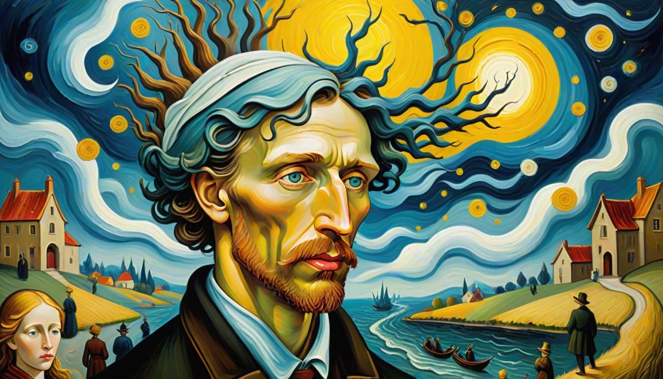 Surrealist Oil Painting of Thoughts Circling the Brain