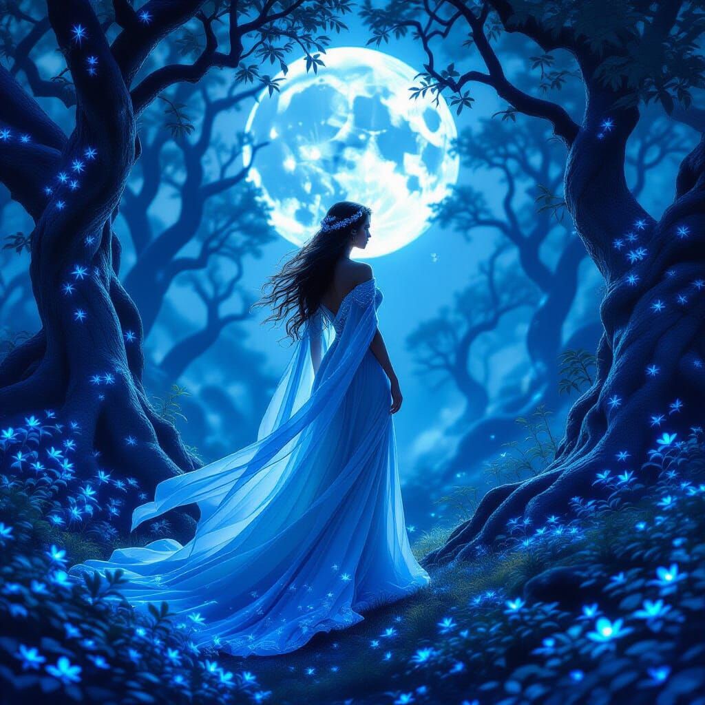 Moon Goddess in Enchanted Bioluminescent Forest