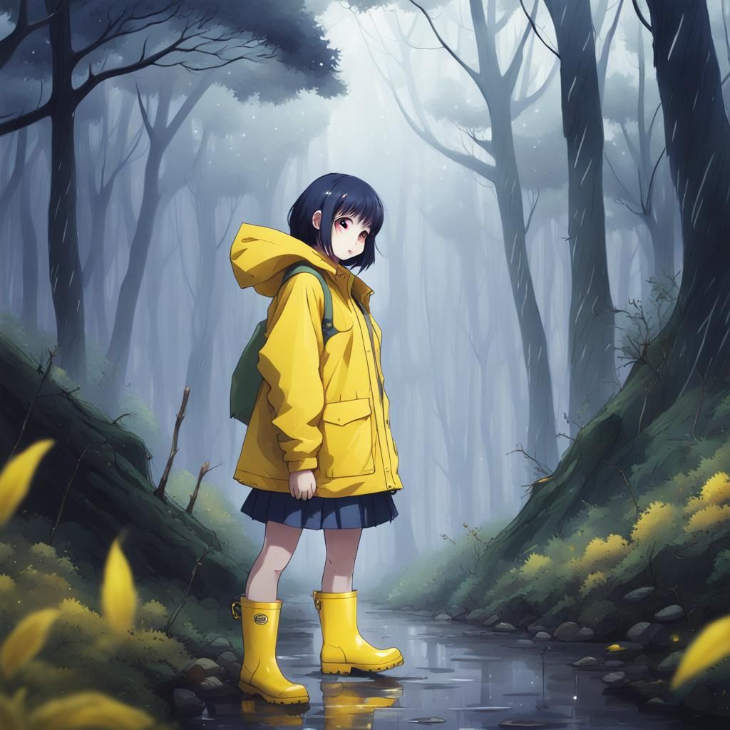 Girl in Yellow Raincoat in Creepy Anime Forest