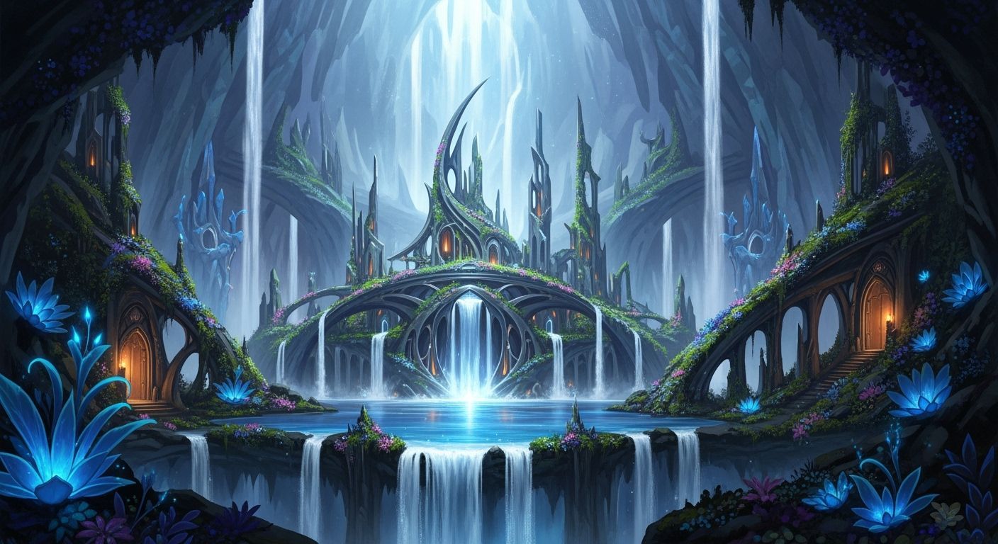 Bioluminescent Elven City in Crystal Cavern
