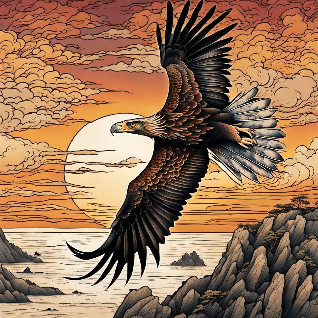 Wedge-tailed Eagle Soaring in Japanese Tattoo Style