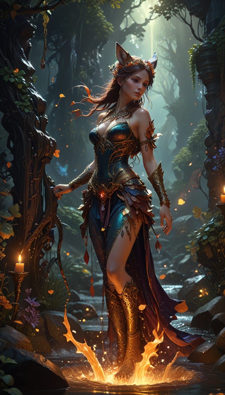 Enchanted Fox Maiden in Dark Fantasy Style