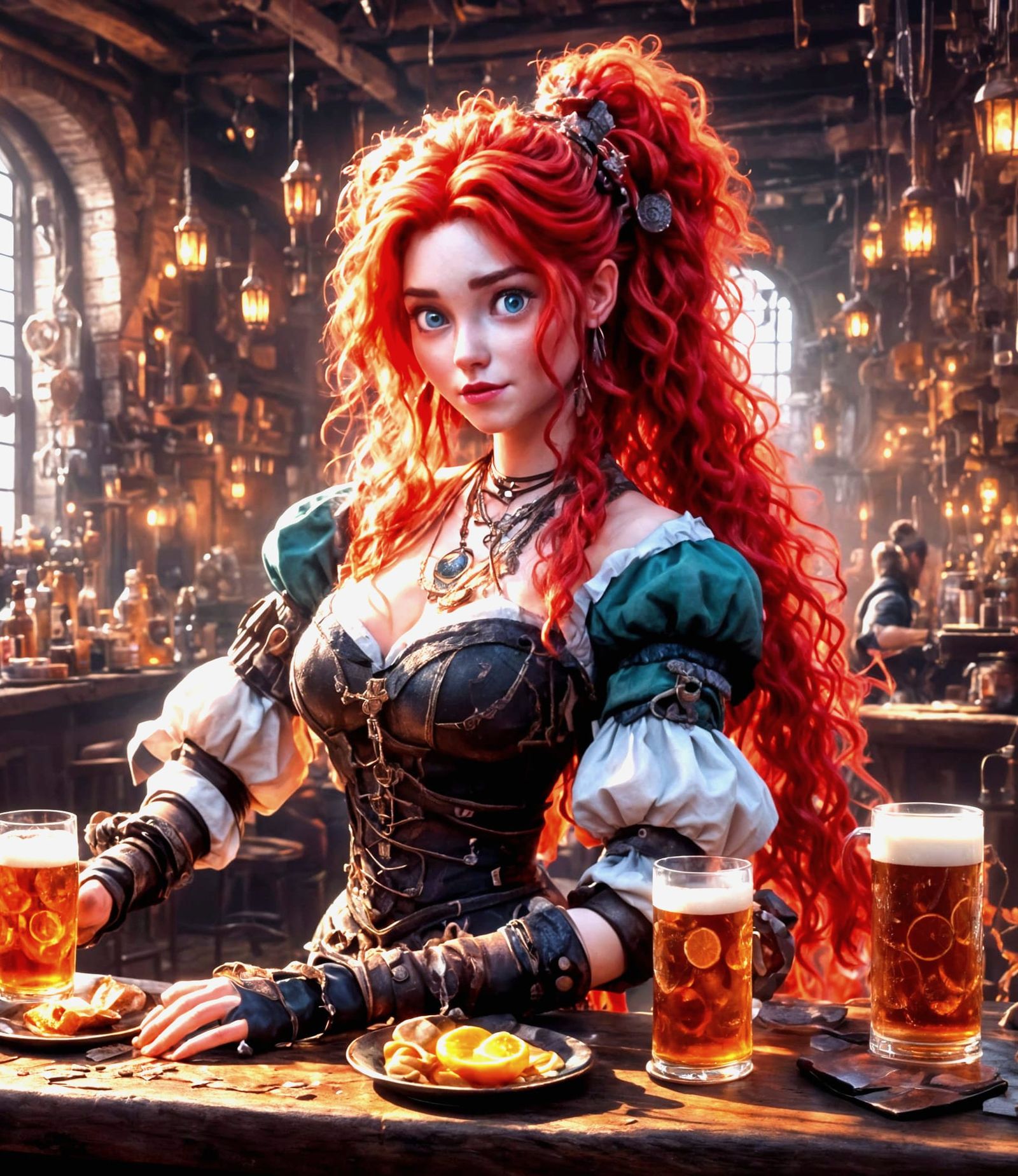 Angry Merida Working at Viking Tavern in Pixar Style