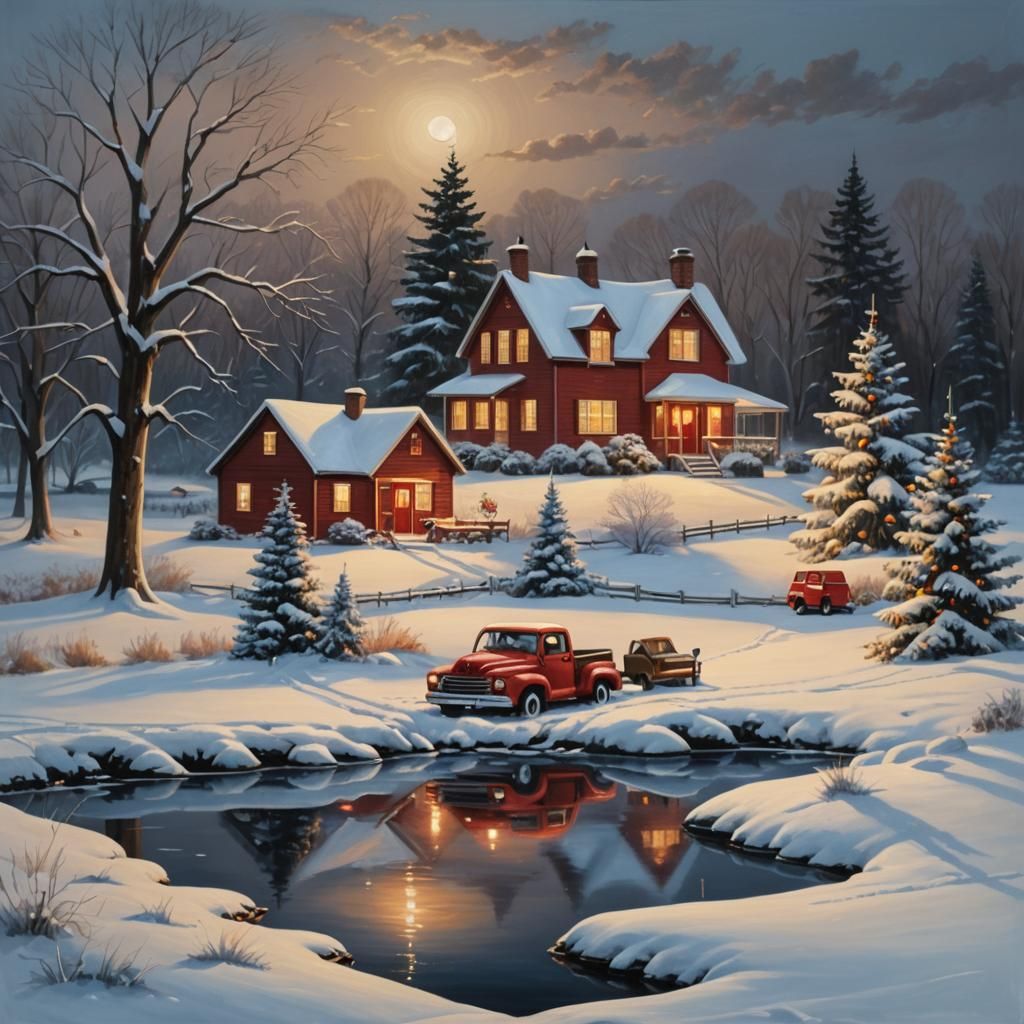 Winter Farmhouse Scene with Christmas Tree in Oil Painting