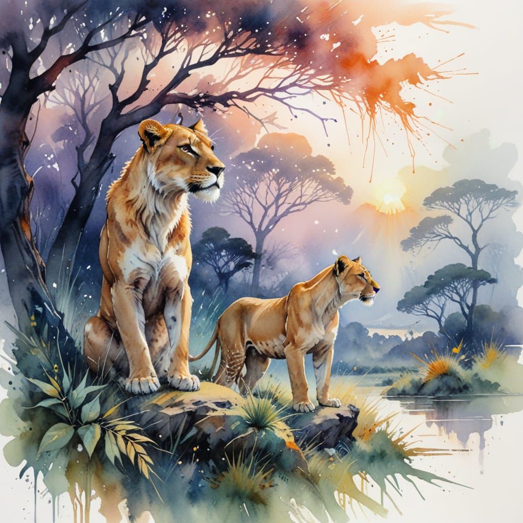 Savannah Dawn with Regal Lioness in Watercolor