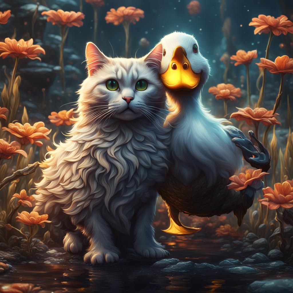 Duck and Cat Embrace in Detailed Matte Painting