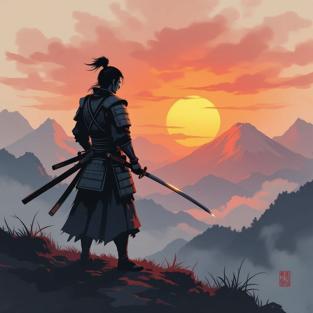 Samurai Warrior at Fiery Sunset in Japanese Ink Wash Style