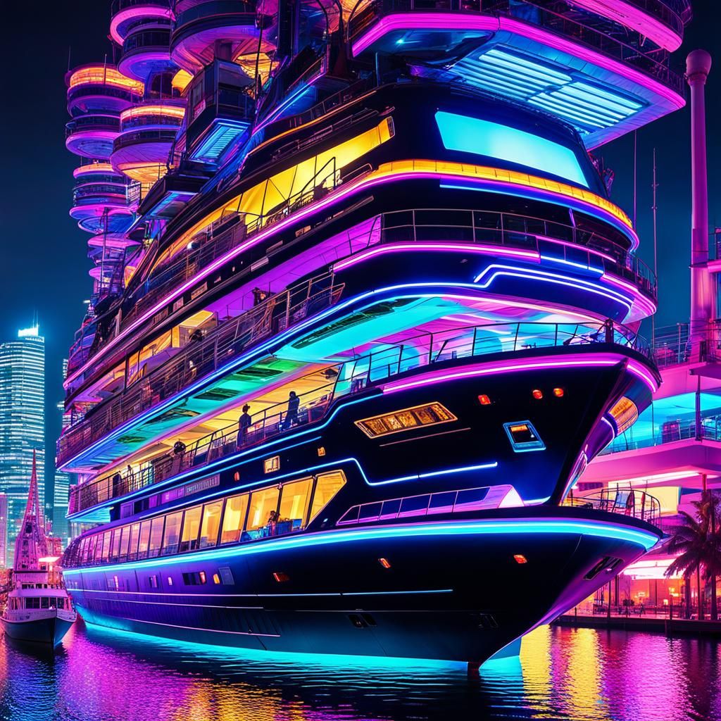 Futuristic Ship with Fluorescent Billboards at Night