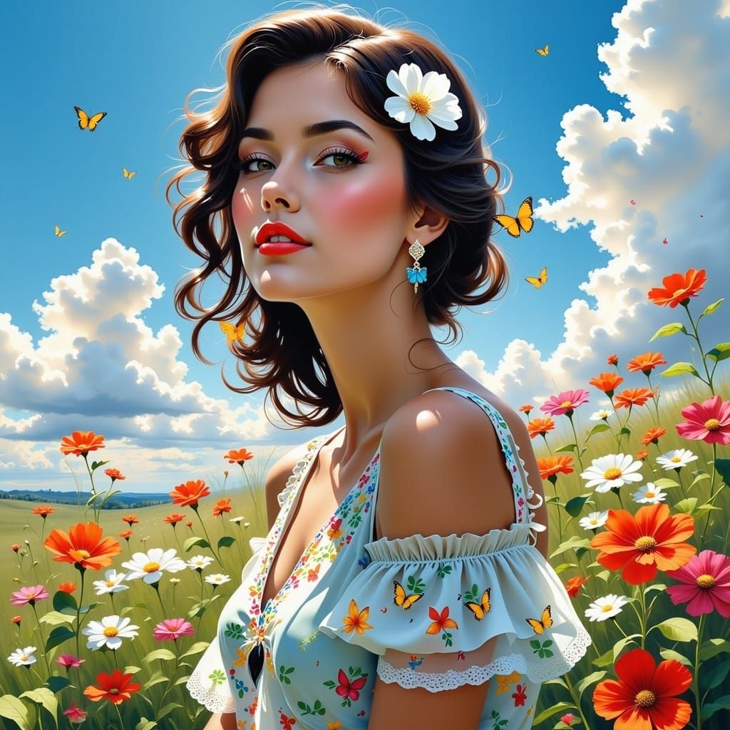 Concept art. Head and shoulders portrait. A June summer fairy with dark curly hair wears summer colors. Soft cirrus clou...