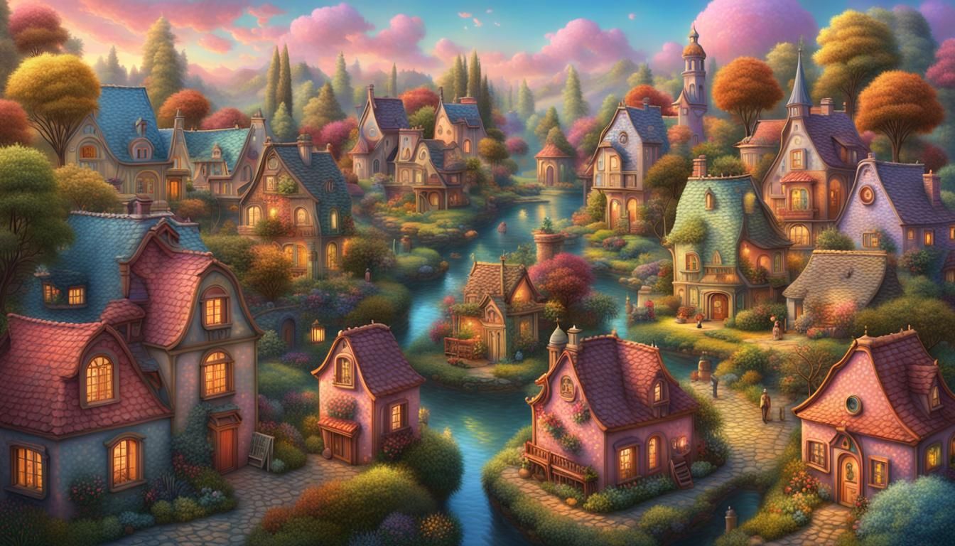 Whimsical Surrealist Landscape with Colorful Little Houses