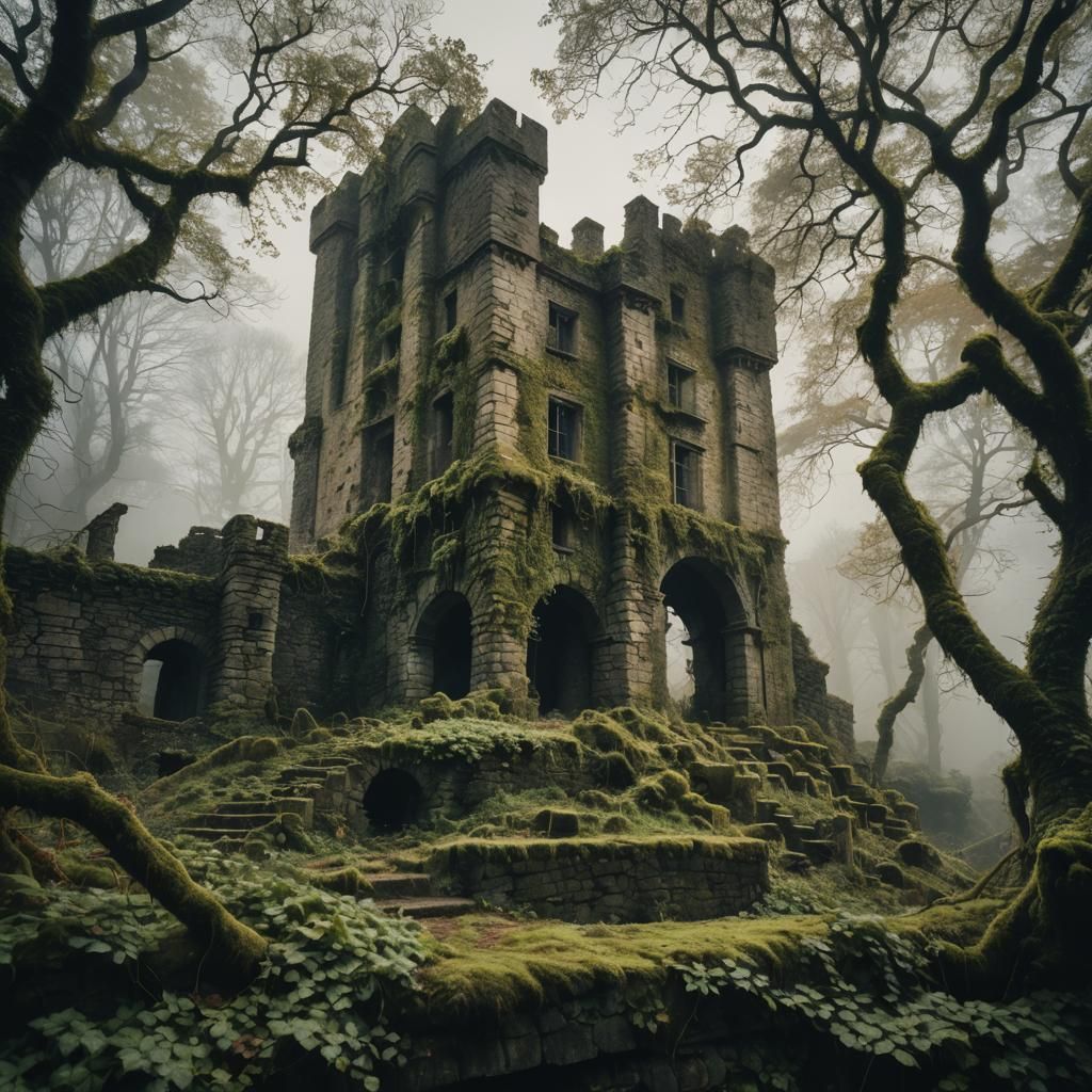 Romantic Castle Ruins in Misty Forest