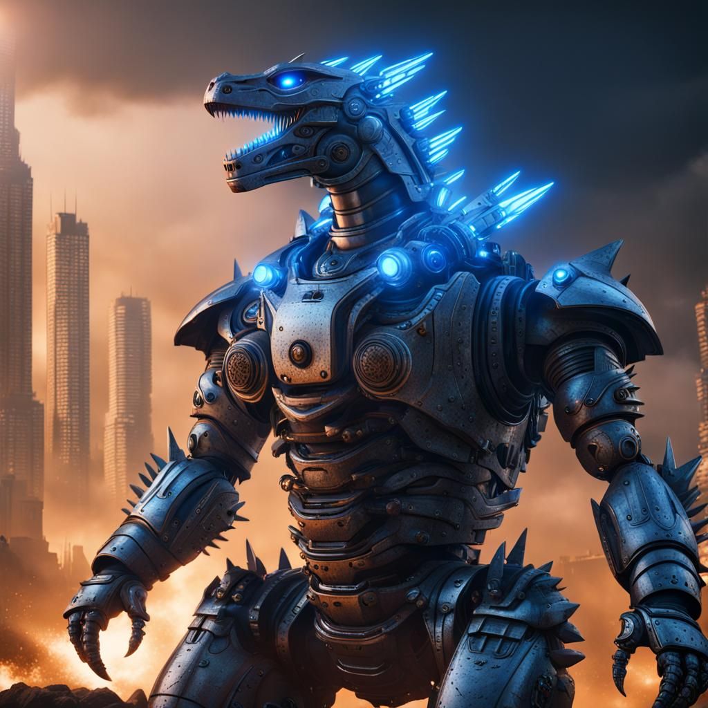 Mechagodzilla with Blue Lights in Detailed Matte Style