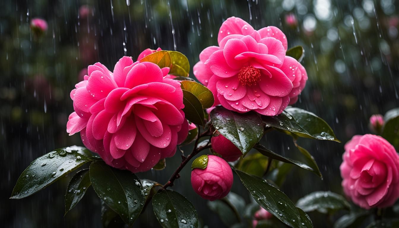 Pink Camellias in Eldritch Lighting, Matte Painting