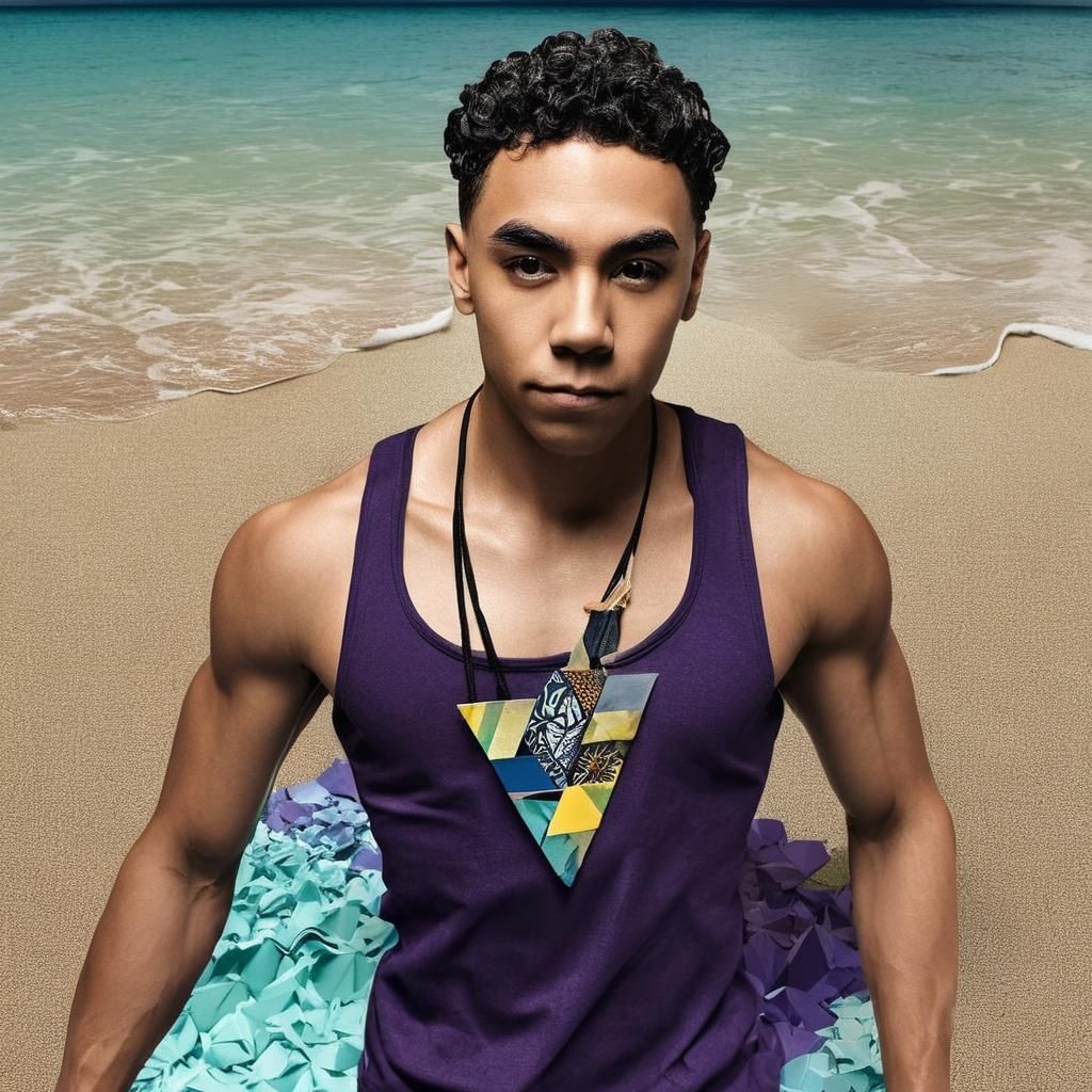 Muscular Man on Hawaii Shore in Ukiyo-e Style