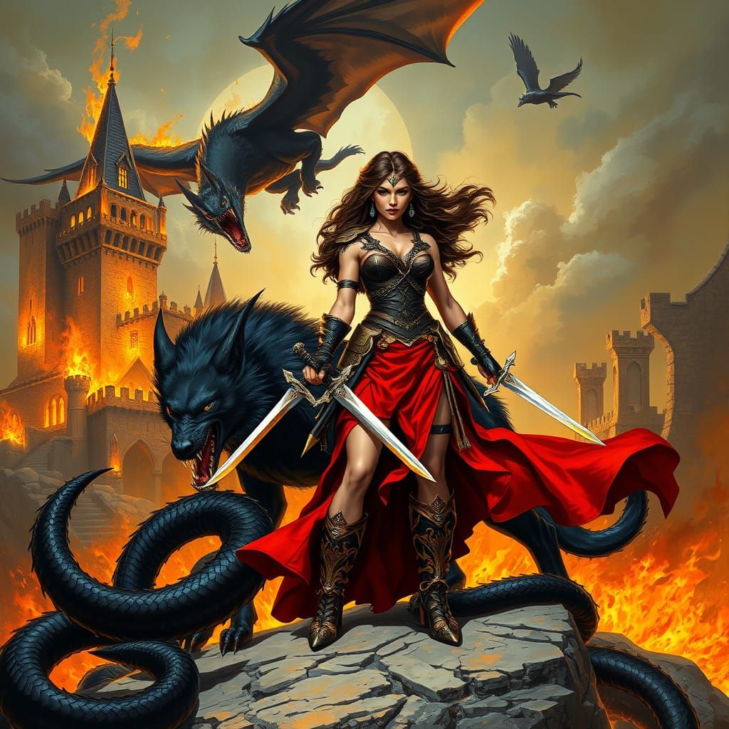 Warrior Woman and Wolf in Dark Fantasy Style