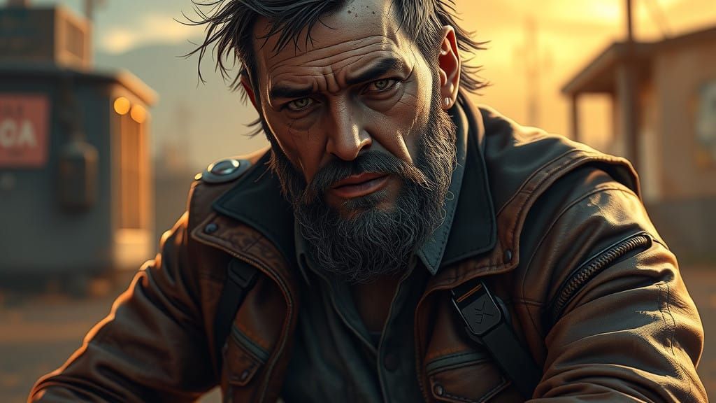 Rugged Biker Portrait in Gritty Post-Apocalyptic Comic Book...