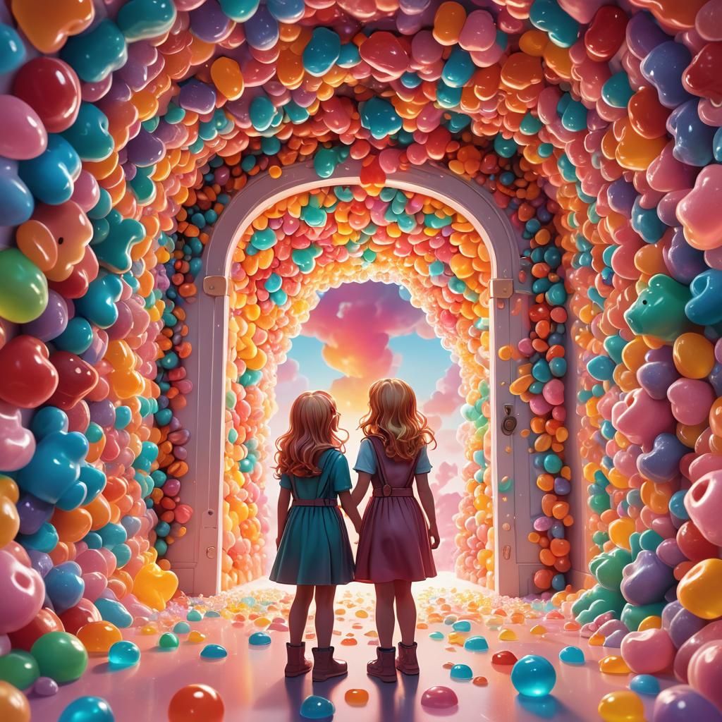 Girl Enters Gummy Bear World: Vibrant Digital Art