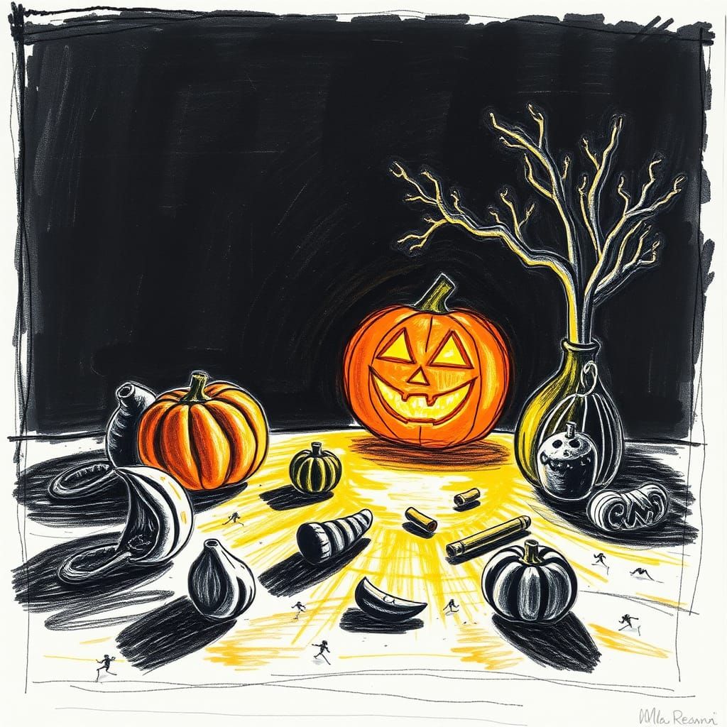 Surreal Halloween Scene in Child's Crayon Drawing