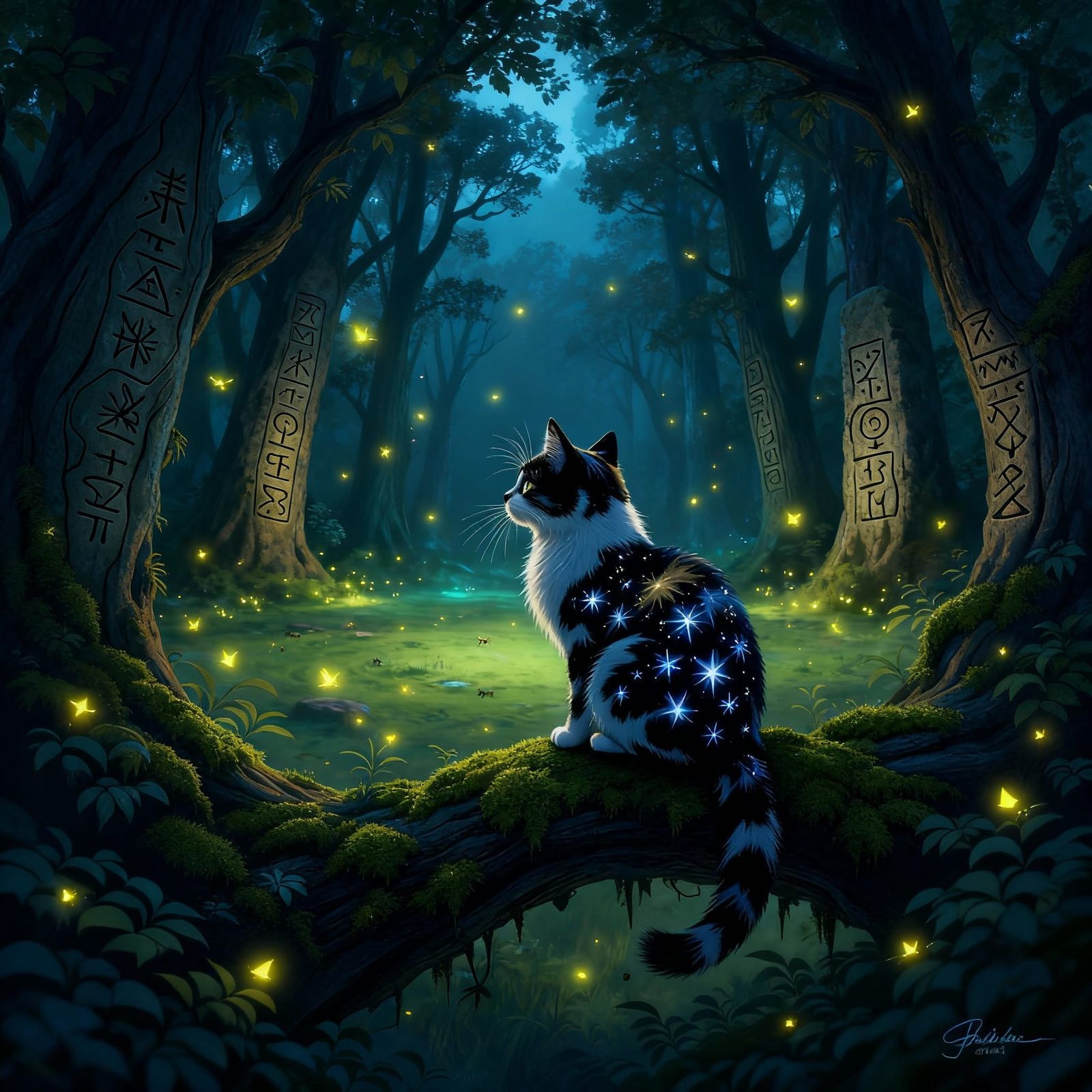 Starry Cat in Mystical Forest Clearing
