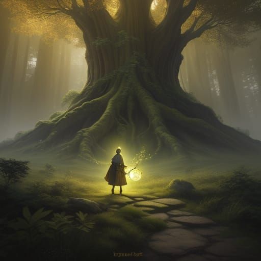 Young Wizard Stands Before Ancient Tree in Whimsical Fantasy...