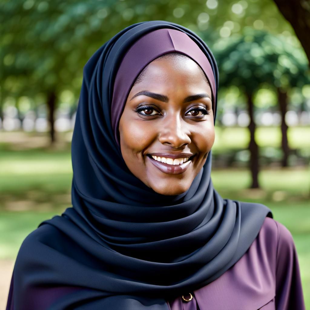 Elegant Hijabi Woman Smiling in Park Portrait