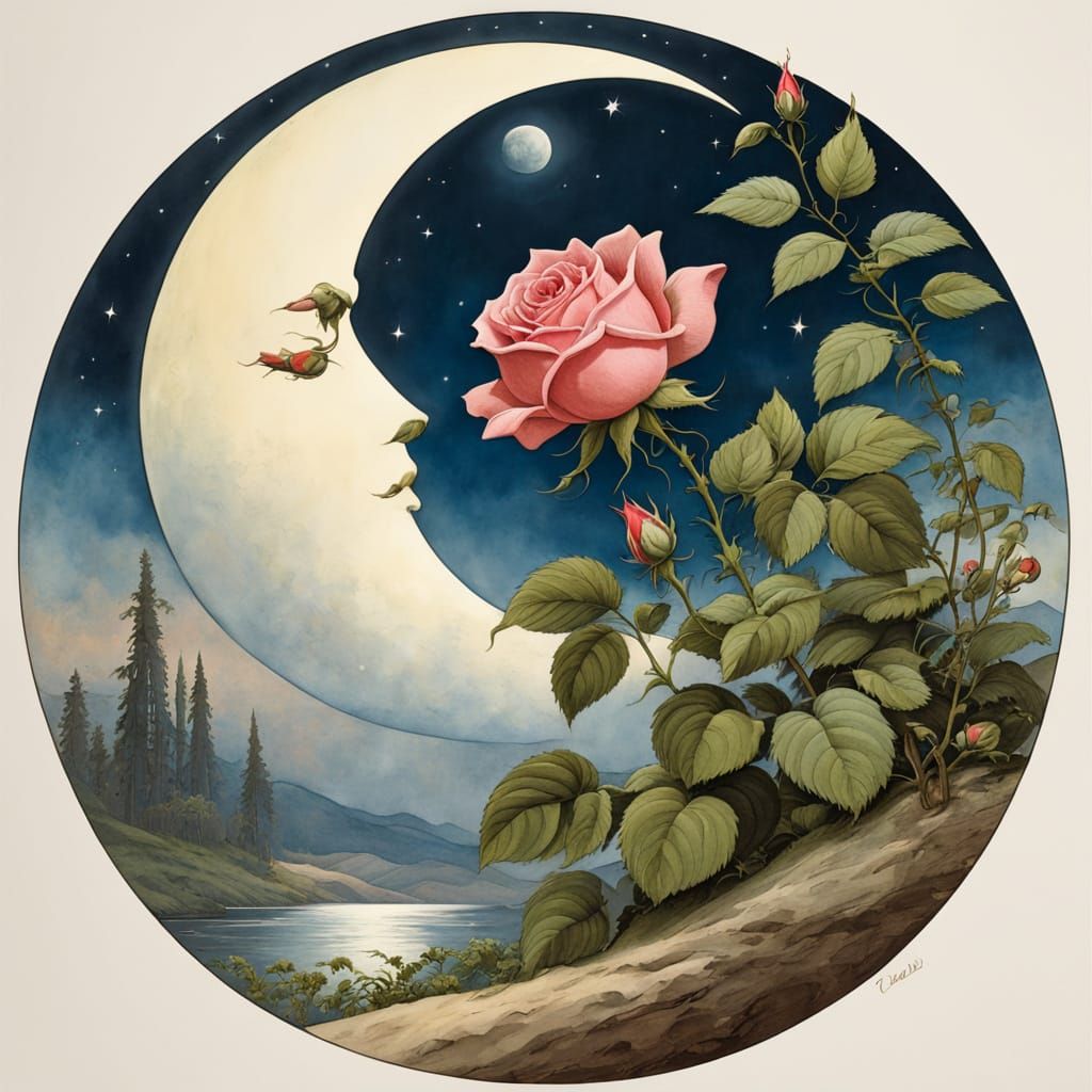Rose and Moon Illustration in Detmold Style