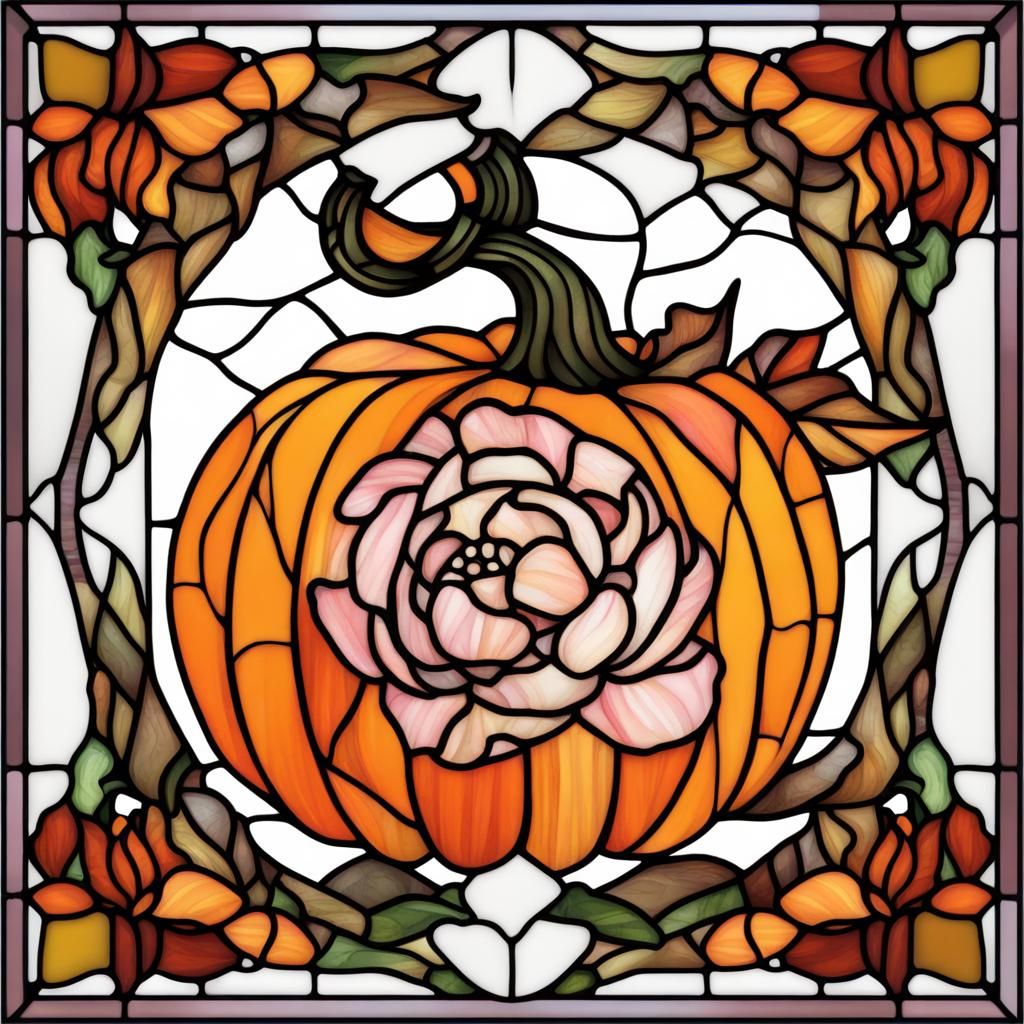 Stained Glass Peony Jack O'Lantern with Fall Leaves