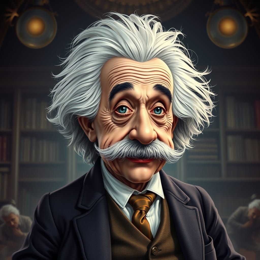 Humorous Albert Einstein Caricature in Matte Painting Style