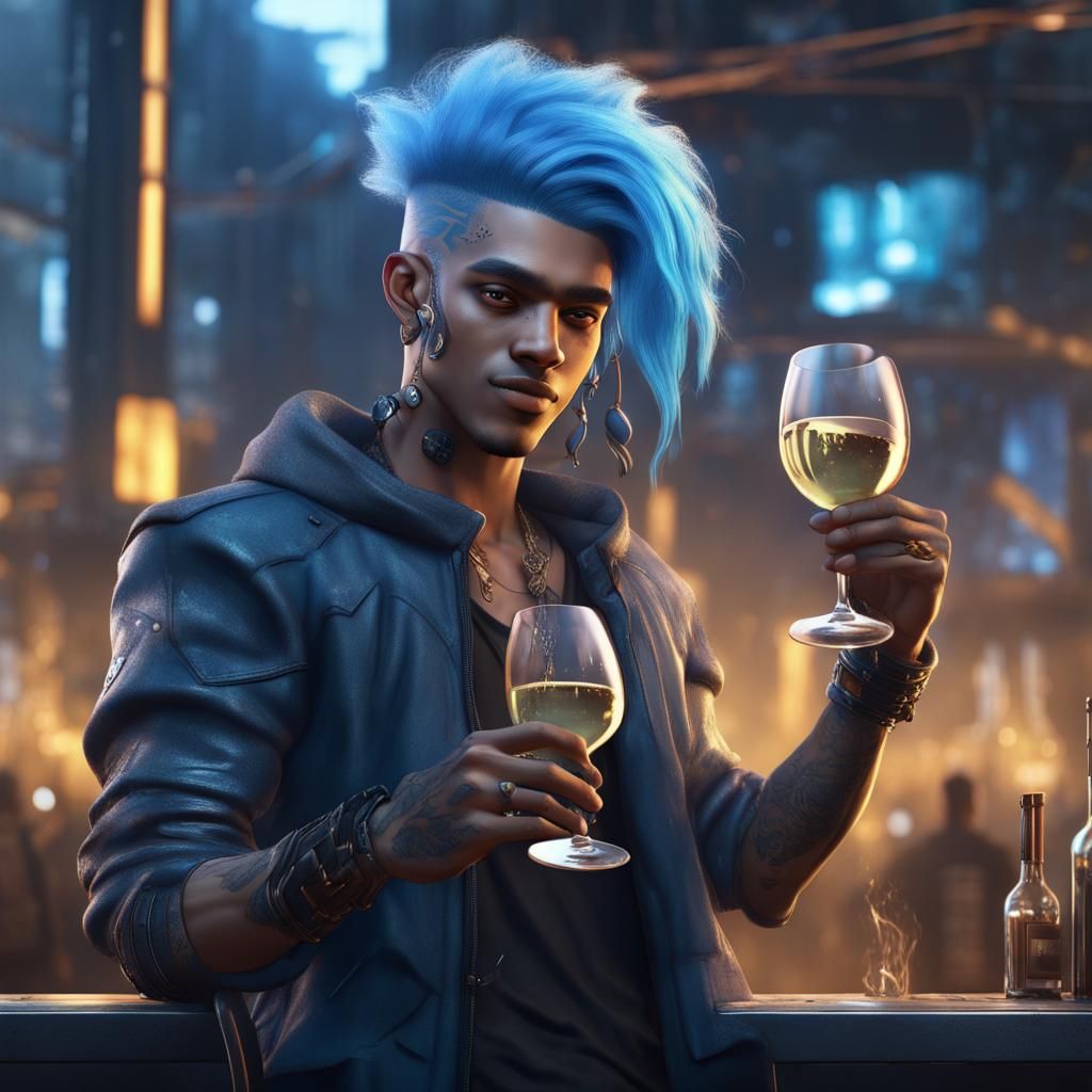 Cyberpunk Blue Haired Man Cheers in Digital Art