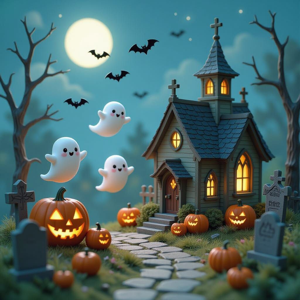 Miniature Halloween Diorama with Ghosts and Pumpkins