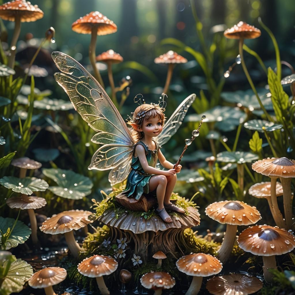 Macro Photo of a Fairy on Mushroom with Dewdrops