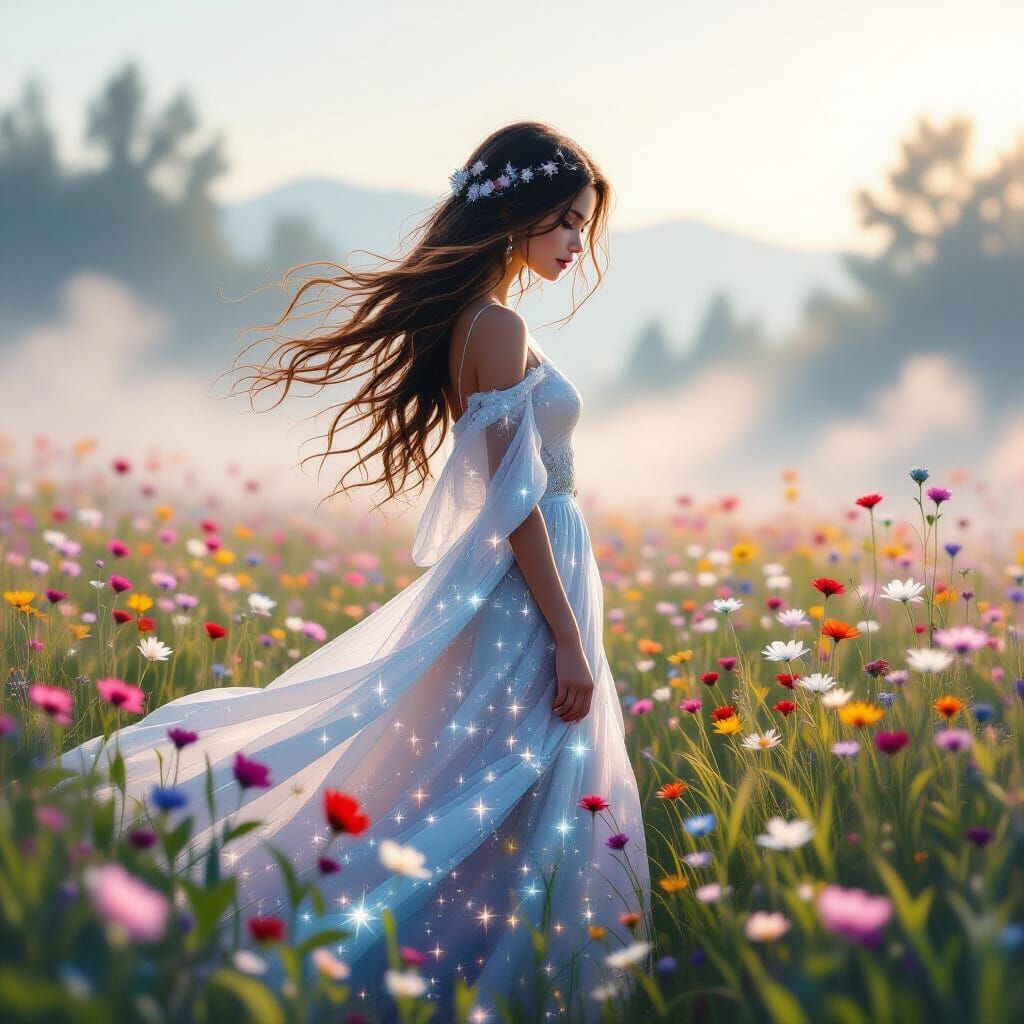 Ethereal Girl in Flower Field: Impressionistic Alcohol Ink