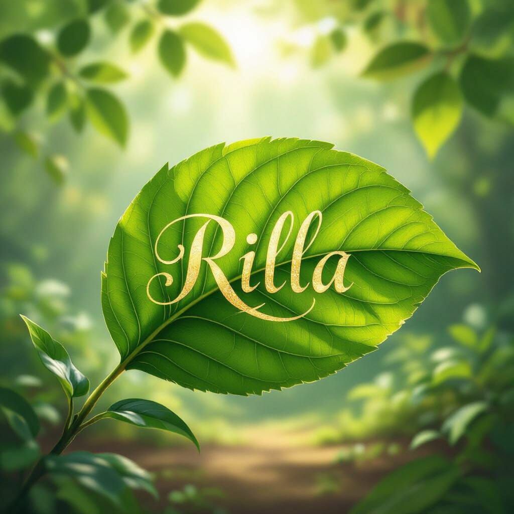 Green Leaf with Golden "Rilla" Calligraphy in Sunlight