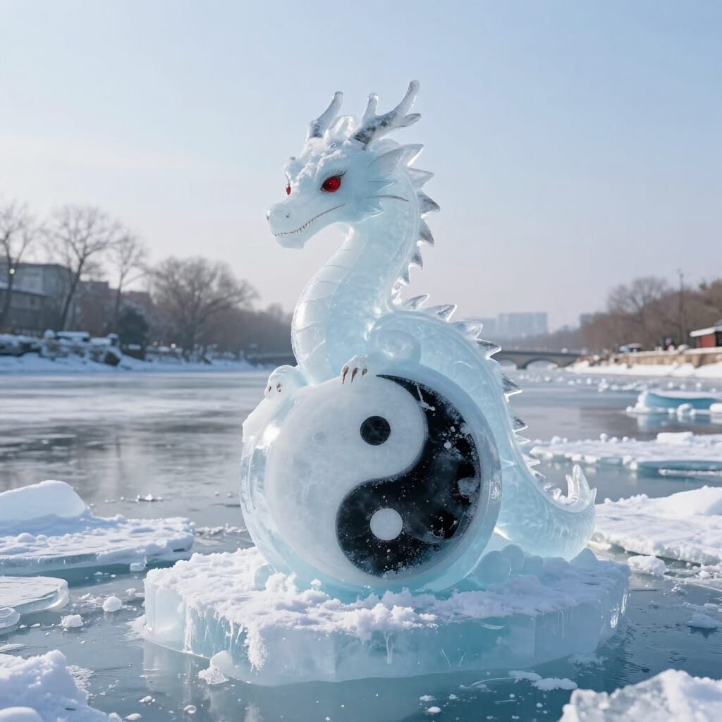 Ice Dragon with Horror Ying Yang Symbol in Winter