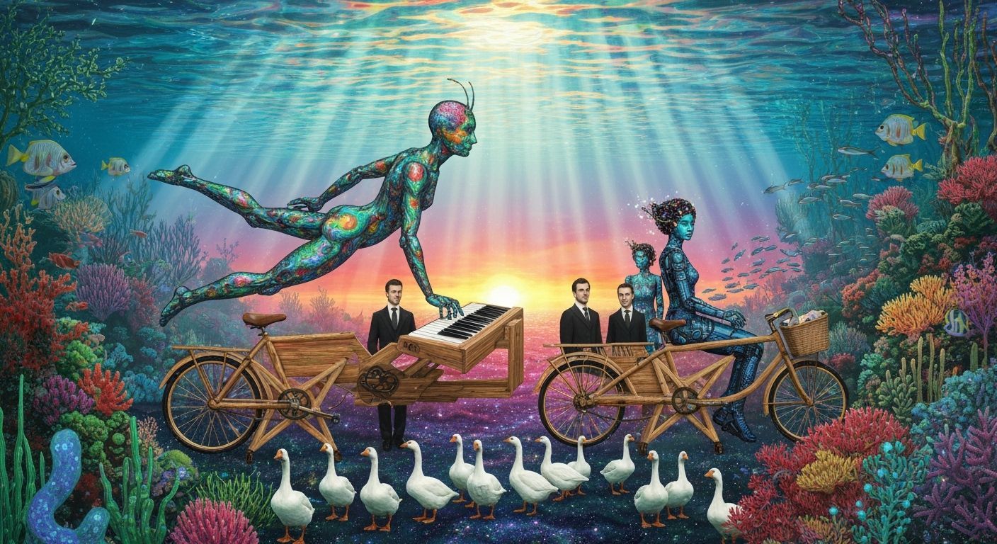 Surreal Underwater World of Fractal Man and Marine Life