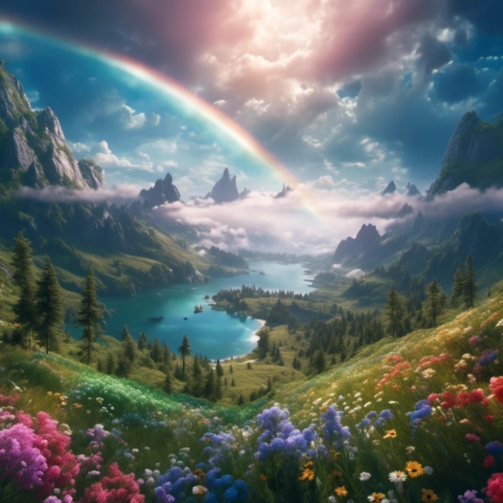 Hyperreal Rainbow Pasture with Aurora and Giant Flowers
