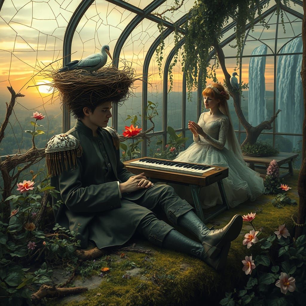 Weathered Prince in Overgrown Greenhouse: Painterly Realism