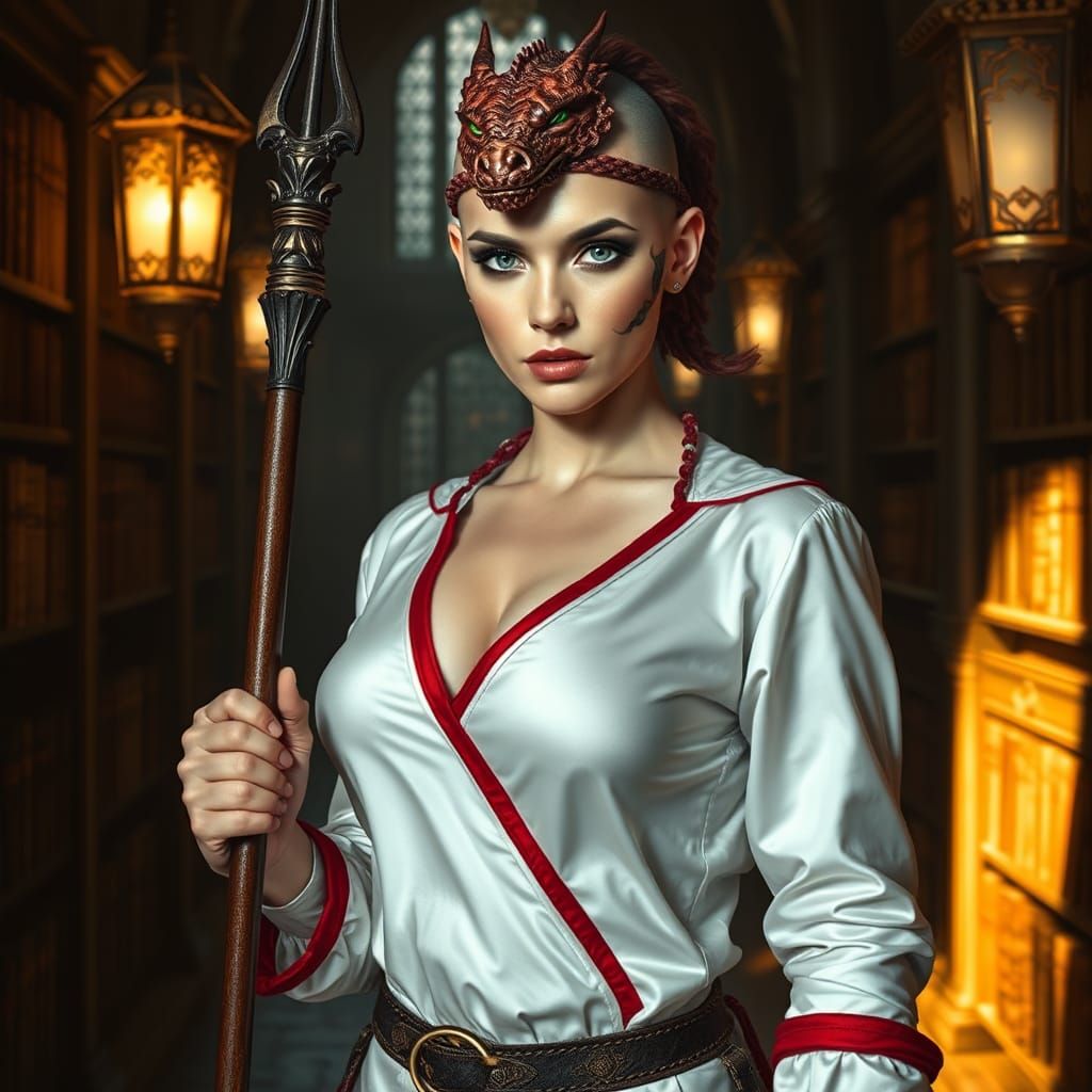 Dragon Tattoo Woman in Medieval Library