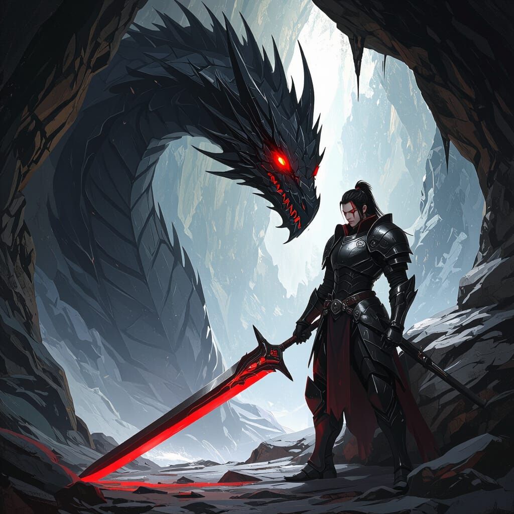 Anime Warrior with Mechanical Armor Fights Dragon