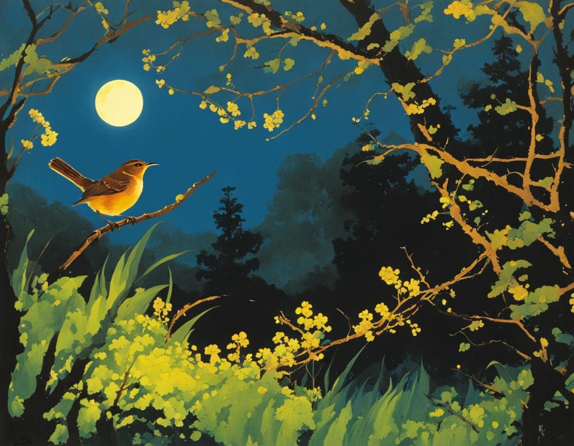 Surreal Springtime Scene with Wren in Whimsical Art Style