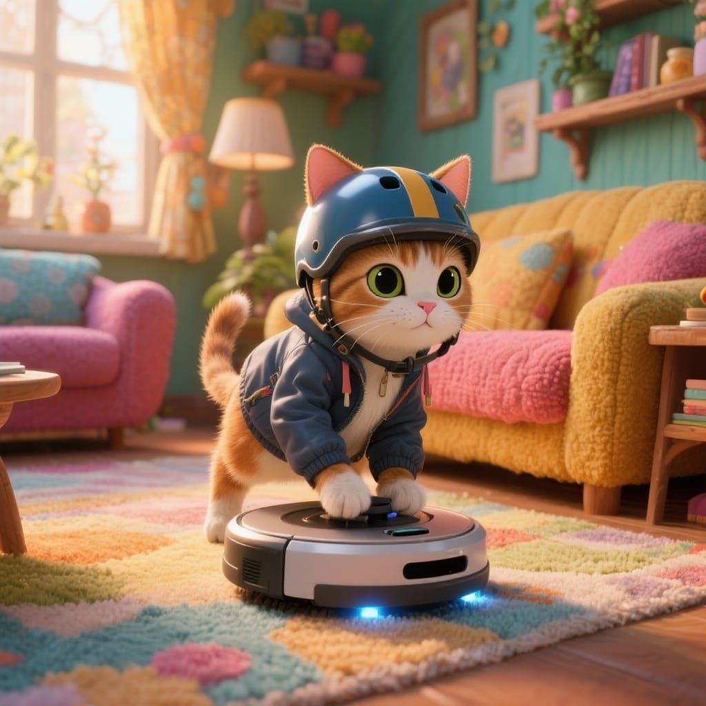 Cat Rides Roomba Through Living Room in Whimsical Style