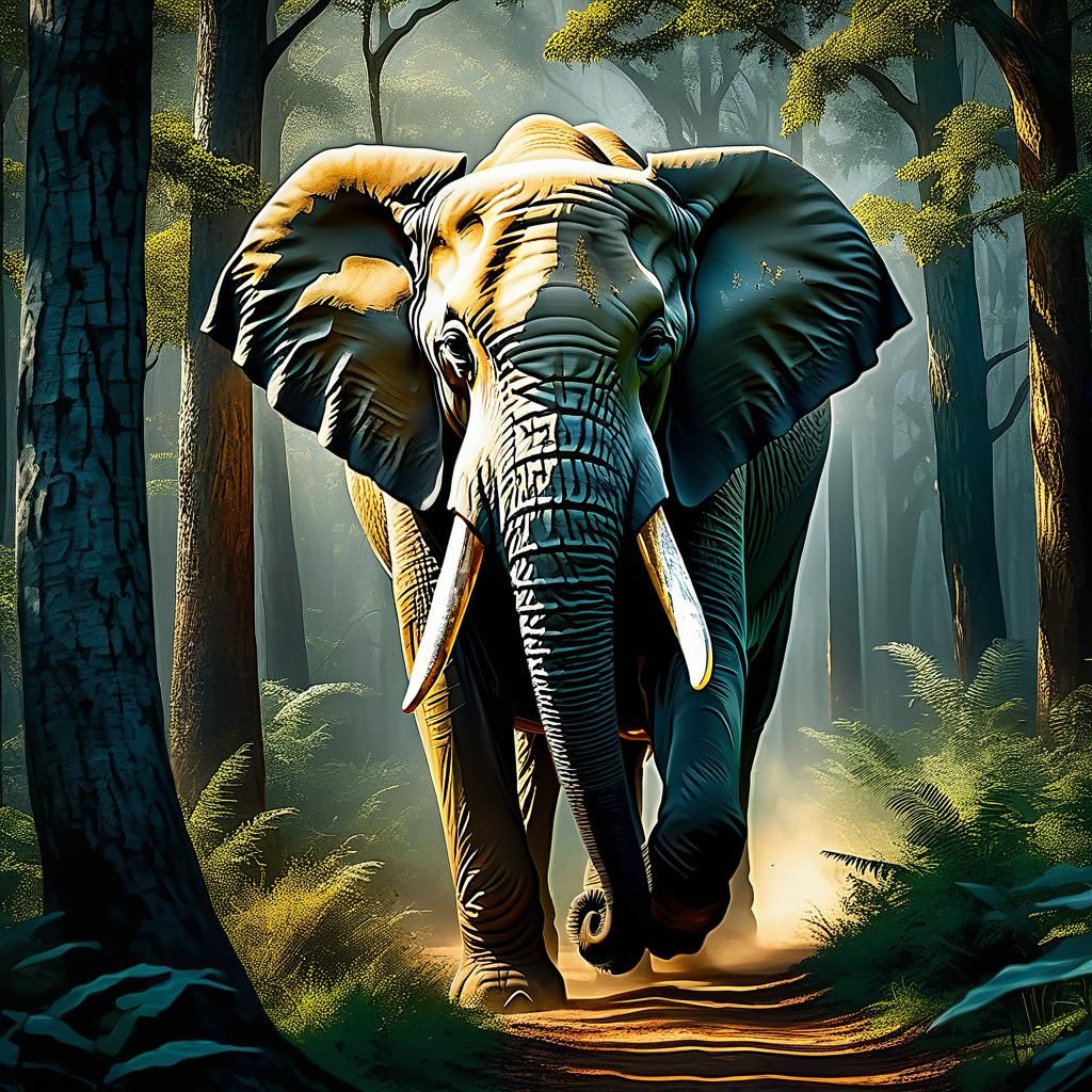 Majestic Elephant in Jungle, Realistic Wildlife Art