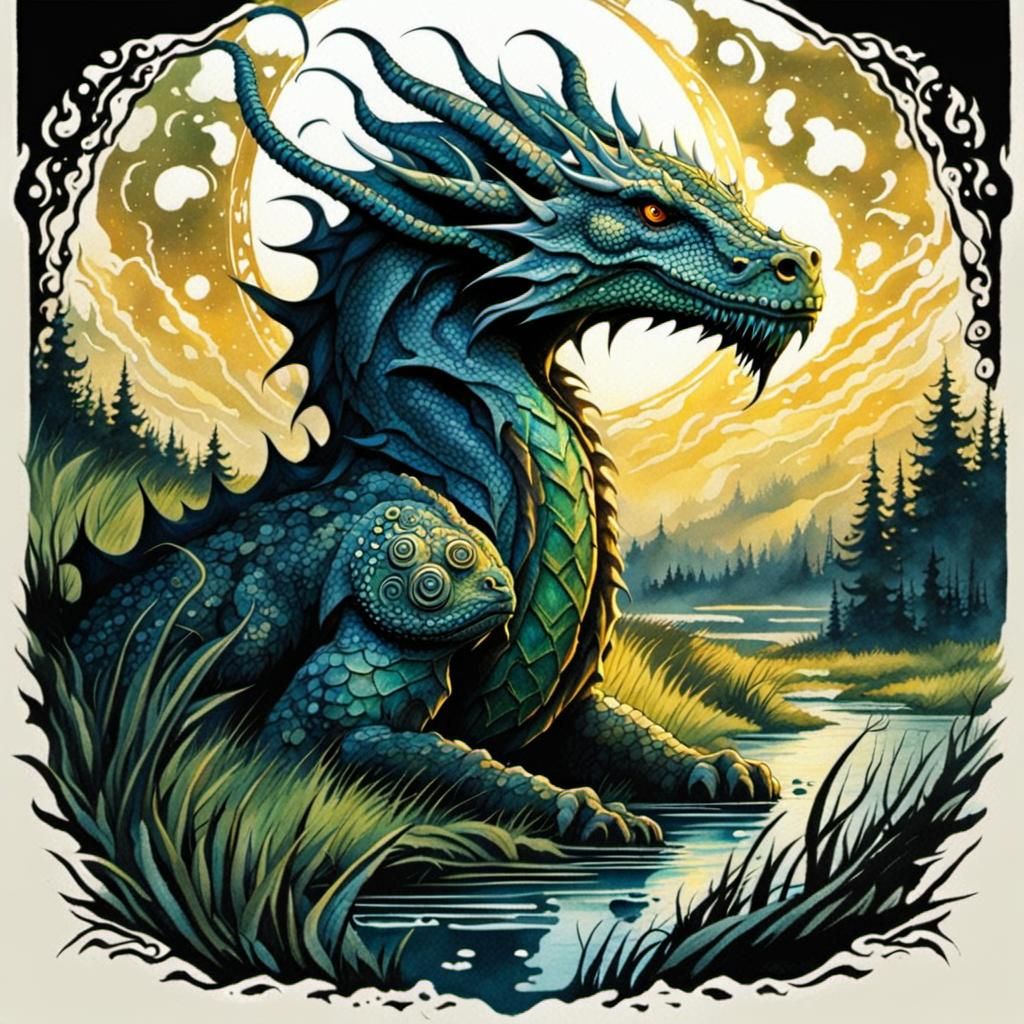 Celtic Dragon in Sunlit Swampland: Watercolor Art