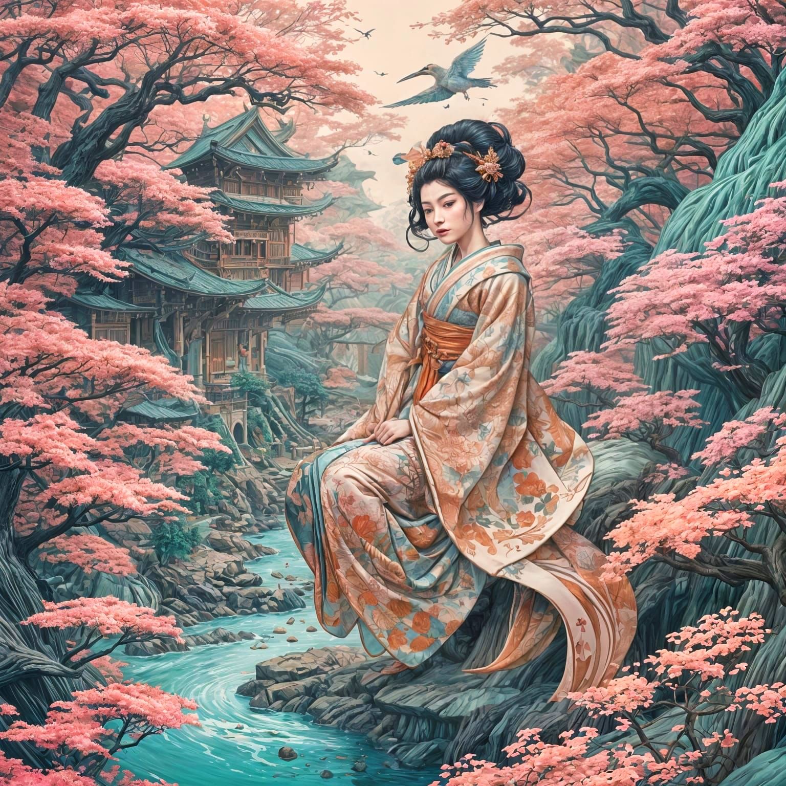 Surreal Futuristic Geisha Rides Fantastical Creature in Drea...