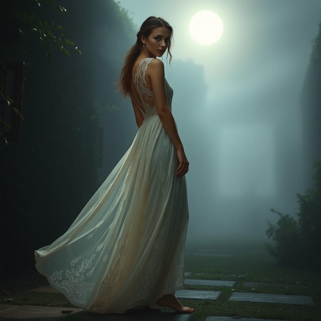 Serene Woman in Moonlit Garden, Inspired by Alphonso Mucha