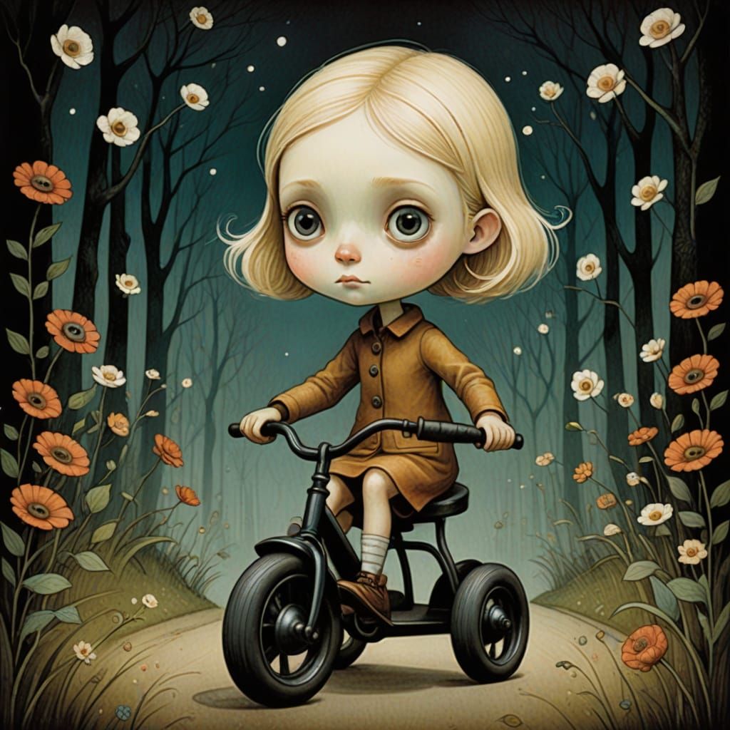 Little Girl Riding a Tricycle in a Black Background